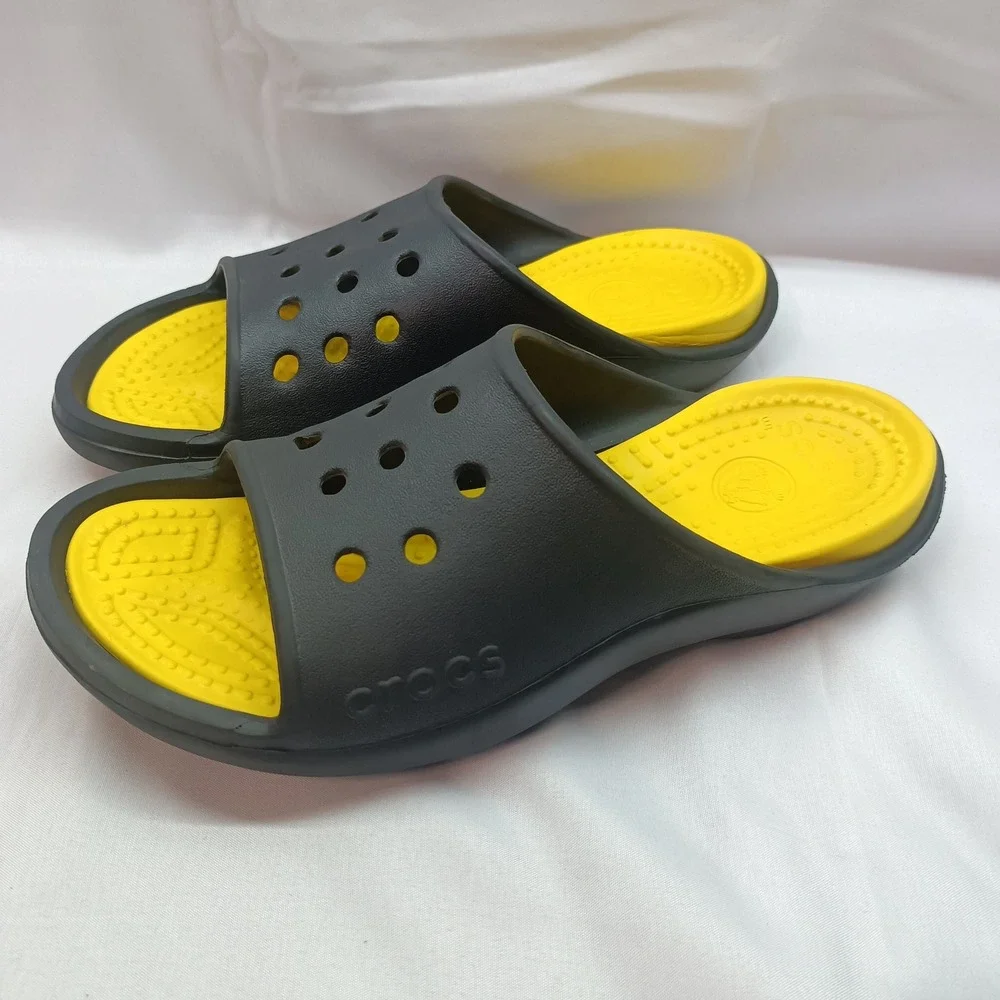 Crocs Duet Sport Slides‎ Mens 7 Womens 9 Black Yellow Athletic Sandals Slip on